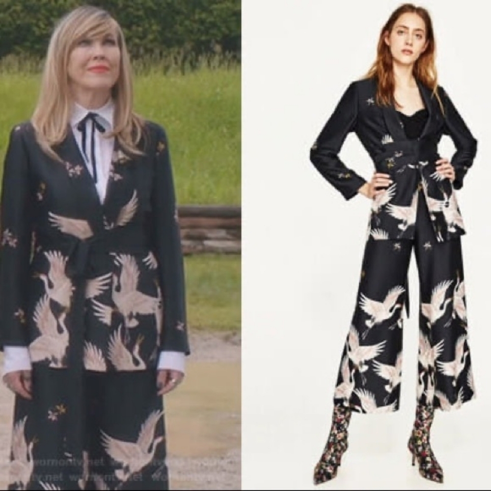 Zara Black and White Crane Print Jumpsuit